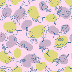 Doodle seamless pattern with vegetables beets and abstract spots. Perfect for T-shirt, textile and print. Hand drawn vector illustration for decor and design.

