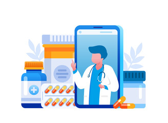 online pharmacy aid, antibiotic, pills, capsule, etc. healthcare drugs Illustration vector flat design banner or background