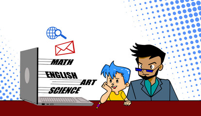 Drawing of a boy studying at home from laptop for  online study with tutors or parents, students opening mail or excitedly looking at a computer screen