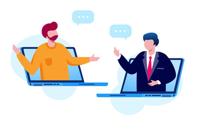 Virtual meeting and meetup group with technology computer, laptop, mobile phone, etc. teleconference flat vector illustration fit for banner, flyer, landing page, etc