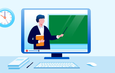 Online education with digital platform. Online teacher. Online learning, courses and tutorials, teaching landing page website illustration flat vector template - obrazy, fototapety, plakaty
