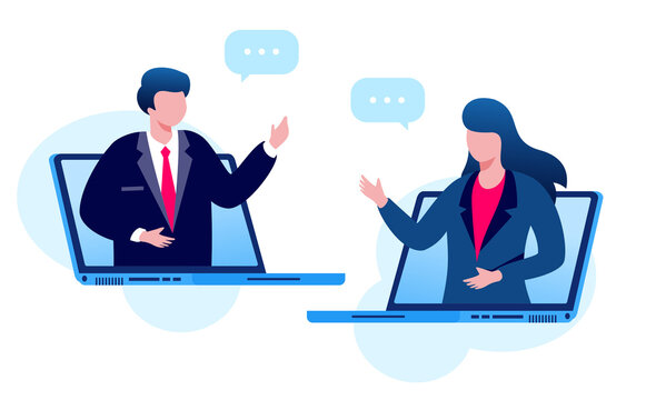 Virtual meeting and meetup group with technology computer, laptop, mobile phone, etc. teleconference flat vector illustration fit for banner, flyer, landing page, etc