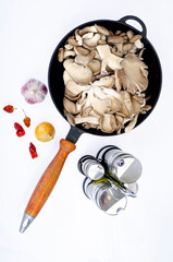 Vegetarian meals. Oyster mushrooms in pan for cooking. Studio Photo