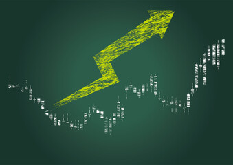 黒板に描かれた複数の矢印　株価チャートロウソク足　ビジネスイメージ　インフォグラフィックス　Stock chart on blackboard