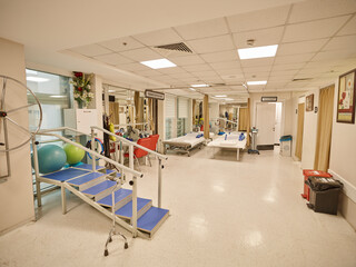 Photographs of hospital interiors, general rooms and medical supplies.