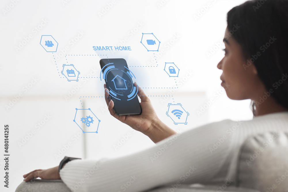 Poster smart home automation assistant buttons around smartphone, collage