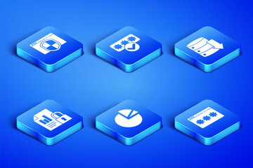 Set Password protection, Browser with shield, Pie chart infographic, Document and lock, and Server, Data, Web Hosting icon. Vector