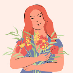 Redhead european woman with flowers. Portrait of a сheerful cute young girl with freckles and long red hair. Сoncept for the Mother's day, Valentine's day, March 8 women's day. Flat vector illustratio