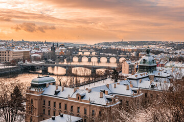 Fototapeta na wymiar city, architecture, prague, church, view, europe, town, building, cityscape, cathedral, travel, tower, old, panorama, landmark, castle, tourism, landscape, czech, panoramic, house, urban, snow, winter