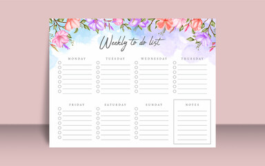 Lovely weekly to do list template with watercolor floral