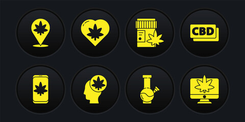 Set Mobile and marijuana or cannabis, Cannabis molecule, Head with, Glass bong for smoking, Medical bottle, Marijuana leaf heart, Monitor and Location icon. Vector