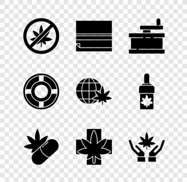 Set Stop marijuana or cannabis leaf, Rolling paper, Manual grinder, Medical pills with, Marijuana, Ashtray and Legalize globe icon. Vector