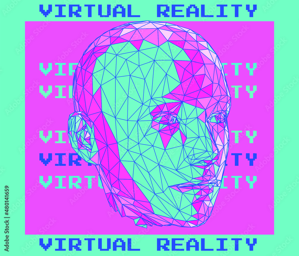 Poster 3d low poly model of a broken human head. conceptual illustration of artificial intelligence and vir
