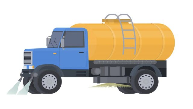 Watering truck. Animation of a municipal truck with a tank, the alpha channel is turned on. Cartoon