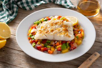 Grilled cod with vegetables in plate on wooden table