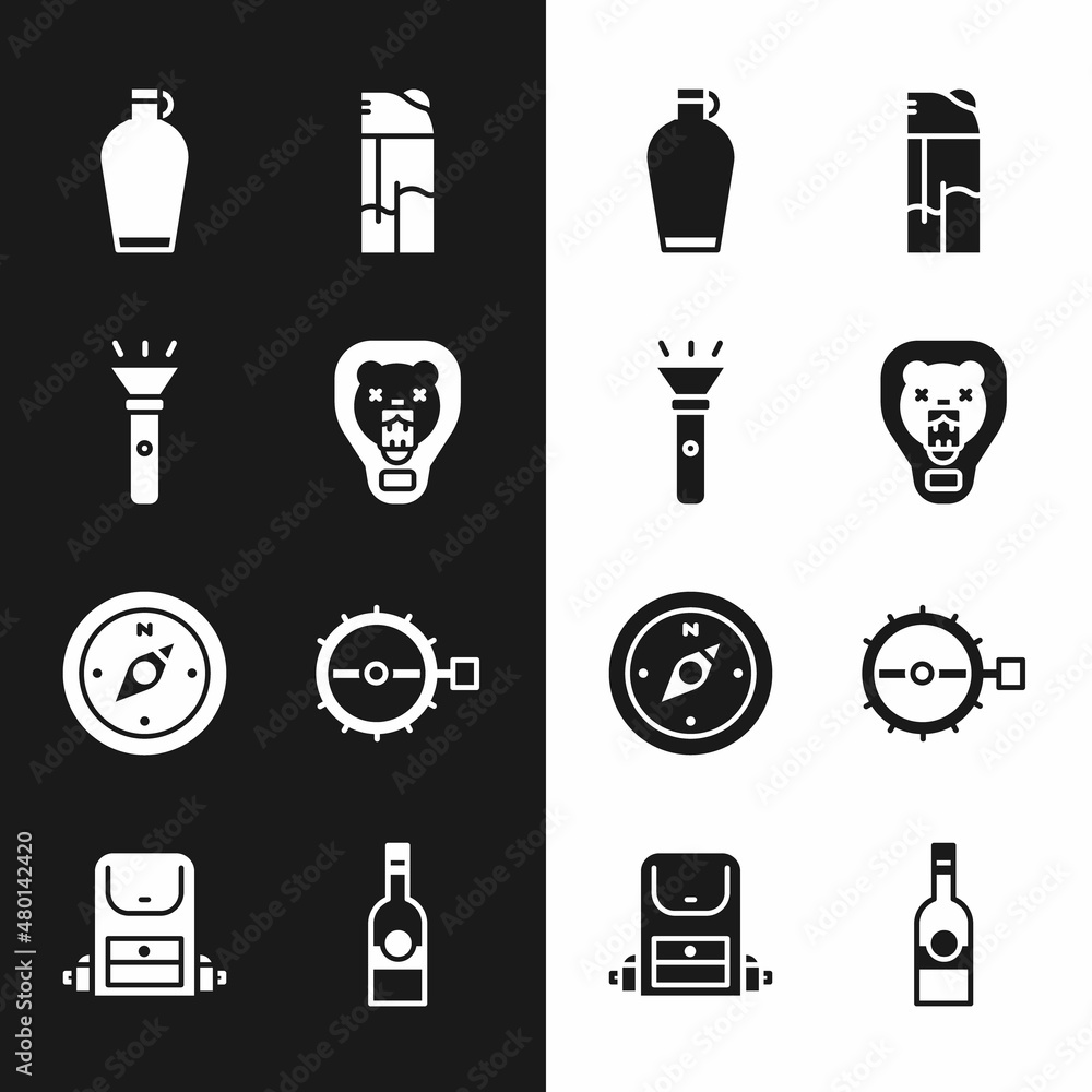 Sticker Set Bear head on shield, Flashlight, Canteen water bottle, Lighter, Compass, Trap hunting, Bottle of vodka and Hiking backpack icon. Vector