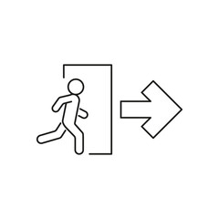 Emergency exit, escape sign with arrow, exit person out door for protection, line symbol. Man go out through door, warning sign. Vector illustration