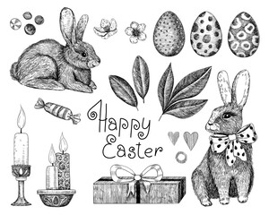 Collection of Easter elements. Rabbits, candles, candies, leaves and flowers, a gift box, Easter eggs. Hand-drawn in the style of engraving. Vintage style