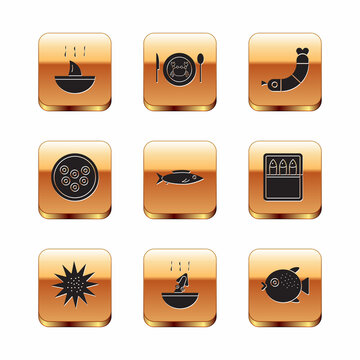 Set Shark fin soup, Sea urchin, Soup with octopus, Fish, Caviar on plate, Shrimp, Puffer fish and Served crab icon. Vector