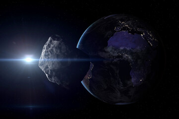 Asteroid near planet Earth. Elements of this image furnished by NASA.