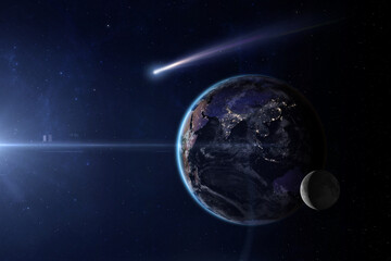 Earth, Moon and comet. Elements of this image furnished by NASA.