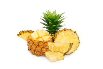 Fototapeta na wymiar whole pineapple and pineapple slice. Pineapple with leaves isolate on white. Full depth of field. summer fruits,