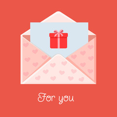 Greeting card with an envelope and a gift. Love message. Love letter for Valentine's Day for poster, print, holiday card.