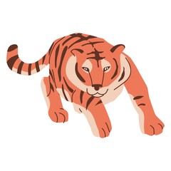 Chinese bengal tiger for new year decoration. Big cat. Asian talisman, astrology, religion. Flat style in vector illustration. Isolated elements on white background.
