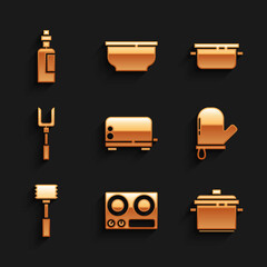 Set Toaster, Gas stove, Cooking pot, Oven glove, Kitchen hammer, Barbecue fork, and Bottle of olive oil icon. Vector