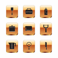 Set Spatula, Measuring cup, Frying pan, Toaster, Cooking pot, Sauce bottle, Knife and icon. Vector