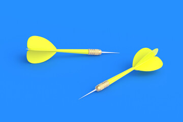Toys for adults and children. Game for leisure. International tournament, competitions. Yellow darts on a blue background. 3D rendering