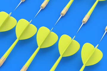 Toys for adults and children. Game for leisure. International tournament, competitions. Rows of yellow darts on a blue background. 3D rendering