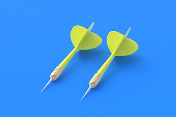 Toys for adults and children. Game for leisure. International tournament, competitions. Yellow darts on a blue background. 3D rendering