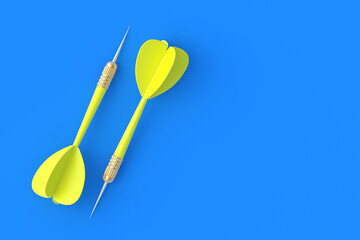 Toys for adults and children. Game for leisure. International tournament, competitions. Yellow darts on a blue background. Copy space. Top view. 3D rendering