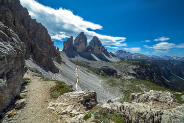Fototapeta na wymiar Tre cime dolomite panorama from mountain path, Italy , Trentino Alps