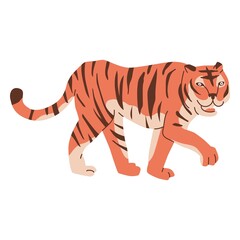 Walking and smiling Chinese bengal tiger for new year decoration. Big cat. Asian talisman, astrology, religion. Flat style in vector illustration. Isolated elements on white background.