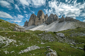Tre Cime di Lavaredo italian Dolomite panorama, Trentino, Italy