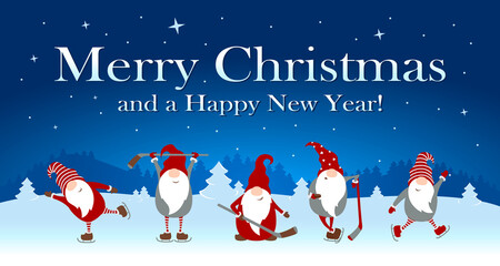 Christmas greeting card "Merry Christmas and a Happy New Year" with cute Christmas gnomes and a snowy evening starry landscape. Vector Illustrations