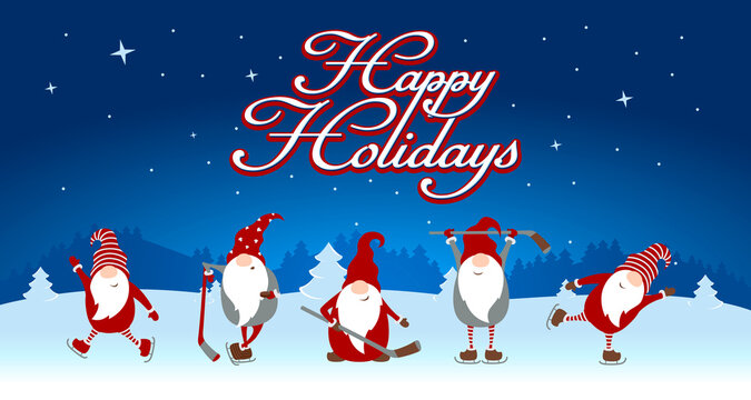 Christmas greeting card "Happy Holidays" with cute Christmas gnomes and a snowy evening starry landscape. Vector Illustrations