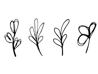 Hand drawn vector set of simple line leaves. Minimal, modern illustartion of plant. Good for invitations,weddings,birthdays,patterns,poster