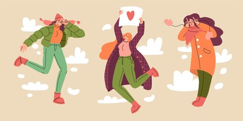 Happy girl in winter wear posing for a photo. Flat style in vector illustration. Pleasure of life. Isolated character. Woman in seasons. Greeting card or social media avatar.