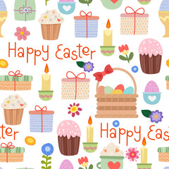 Seamless pattern of Easter doodle elements. Easter background. Hand-drawn in cartoon style