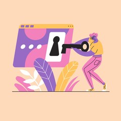 Person enters a key on a web page. Unlocking with a pin code. Business Concept illustration. Scene with women taking part in business activitie. Flat style in vector illustration.