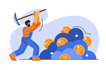 Man with hammer working in bitcoin mine. International independent monetary system. Crypto market, cryptocurrency mining. Flat style in vector illustration.