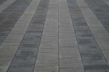 Full-color horizontal photo. Part of the pedestrian path. Paving slabs form a geometric pattern.