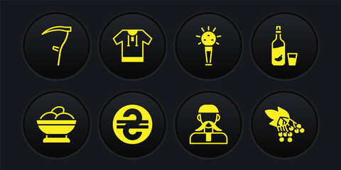 Set Varenyky in a bowl, Vodka with pepper and glass, Ukrainian hryvnia, cossack, Mace, Embroidered shirt, Branch viburnum and Scythe icon. Vector