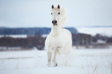 Fototapeta na wymiar White Orlov trotter galloping through the snow