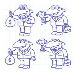 Boss shark character doodle set part two. Hand drawn character. Vector Illustration