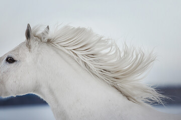 White Orlov trotter galloping through the snow