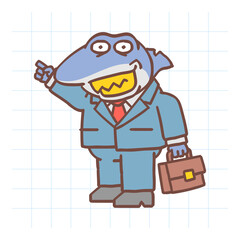 Boss shark holds suitcase and points finger at. Hand drawn character. Vector Illustration